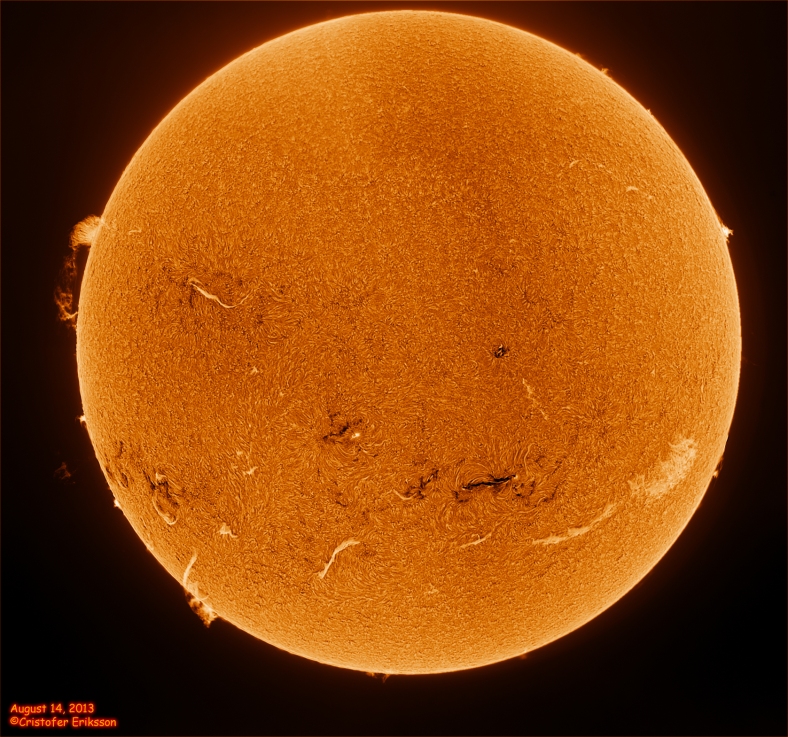 Inverted full disc. Separate exposures on prominences.